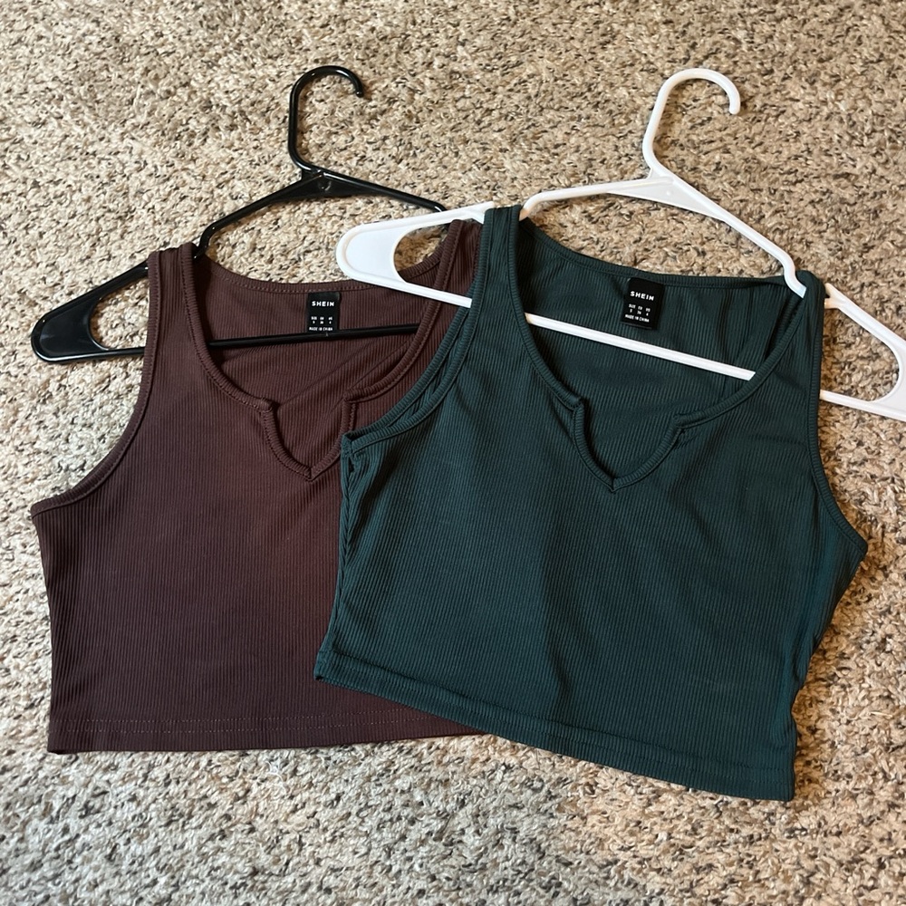 Ribbed V-Neck Crop Tops - Green and Brown